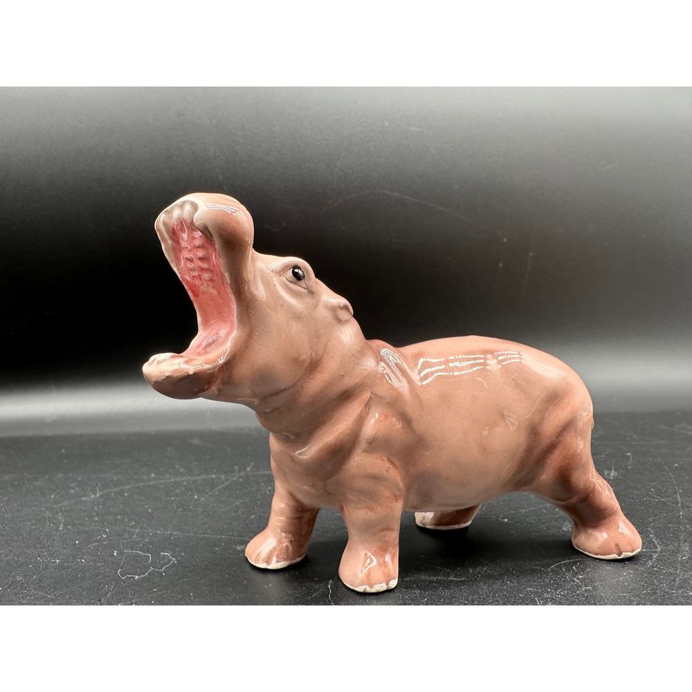 Vintage Hippo Open Mouth Figurine Brown Ceramic House Hippo Wildlife Animal